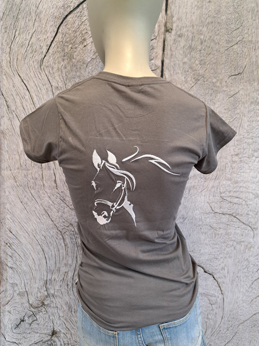 T-shirt gris femme S broderie dos tête